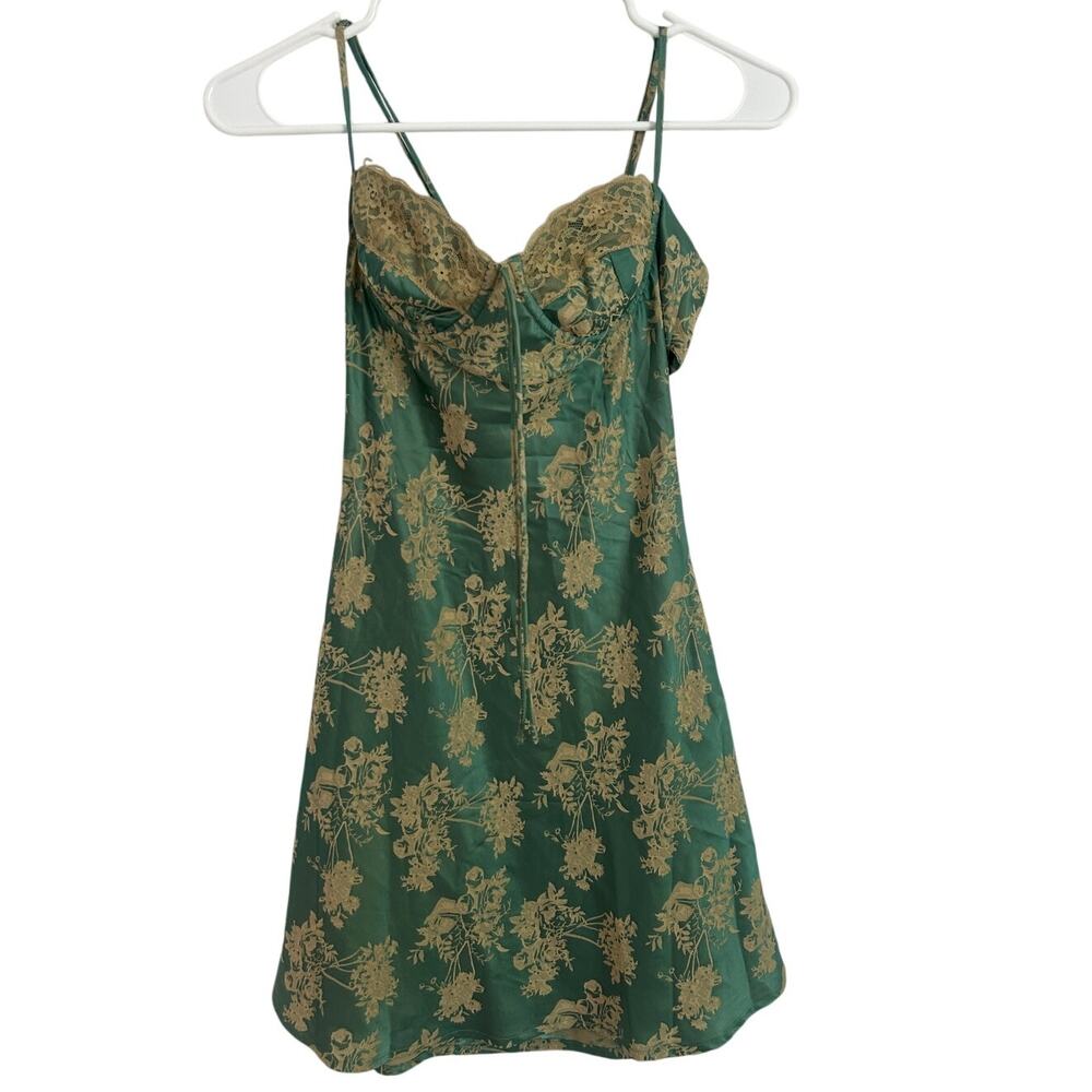 Cotton Candy LA Satin Slip Mini Dress Green Gold Floral Lace Women’s Size S